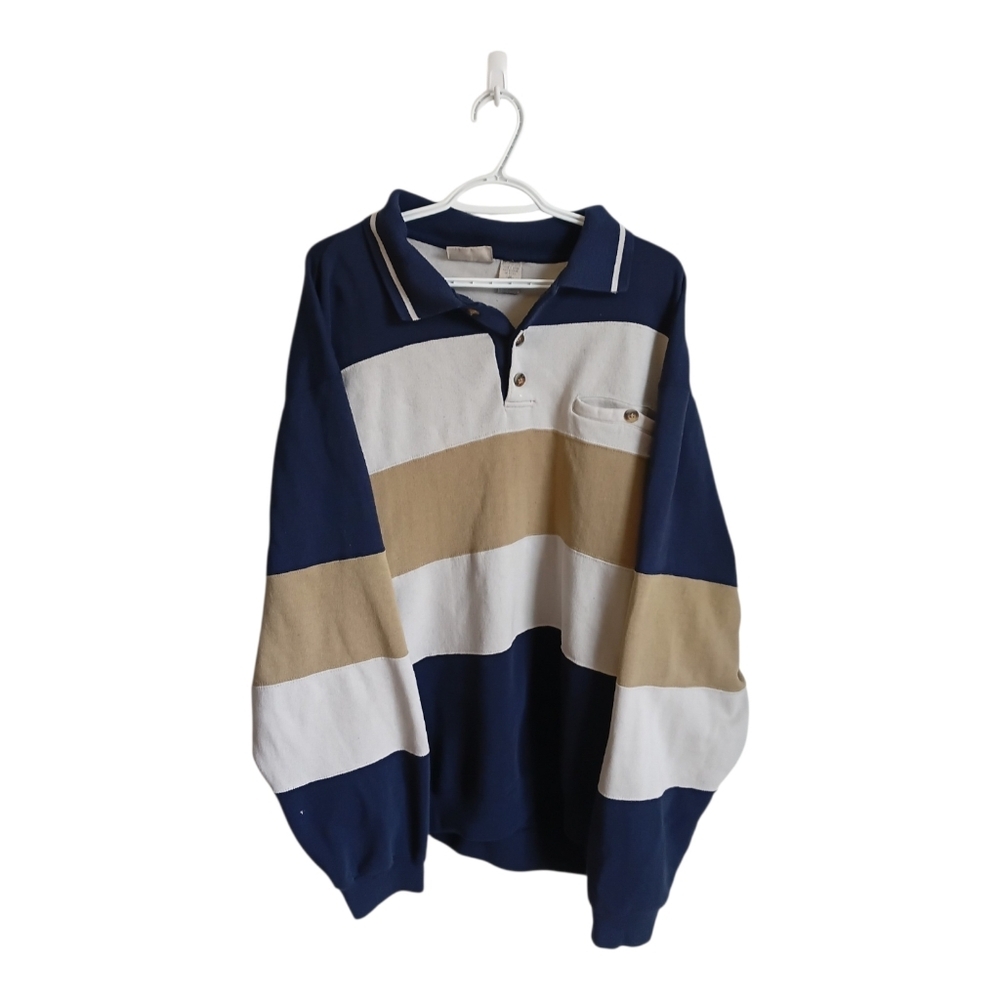 Men's Vintage R&R ClassicsNavy, White & Tan Striped Quarter Button Rugby Sweater